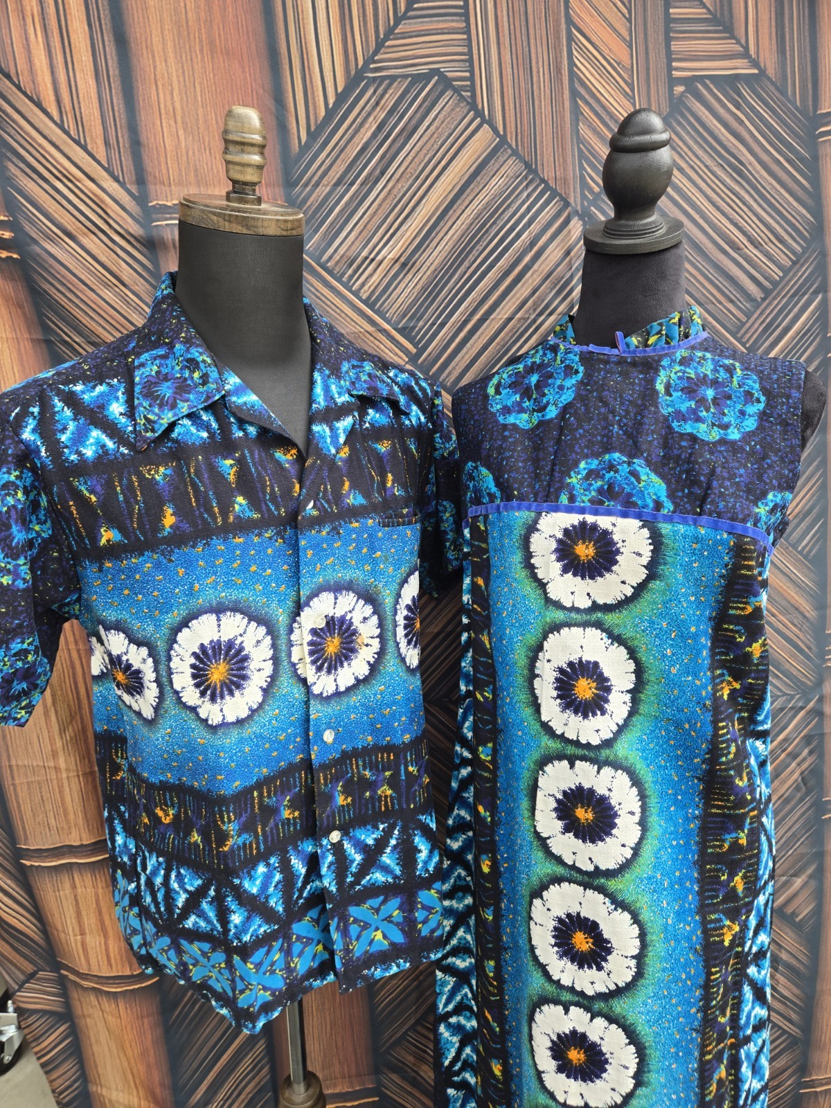 Vintage Kai Nani Brand Hawaiian Barkcloth Aloha Honeymoon Dress & Shirt Set 6011