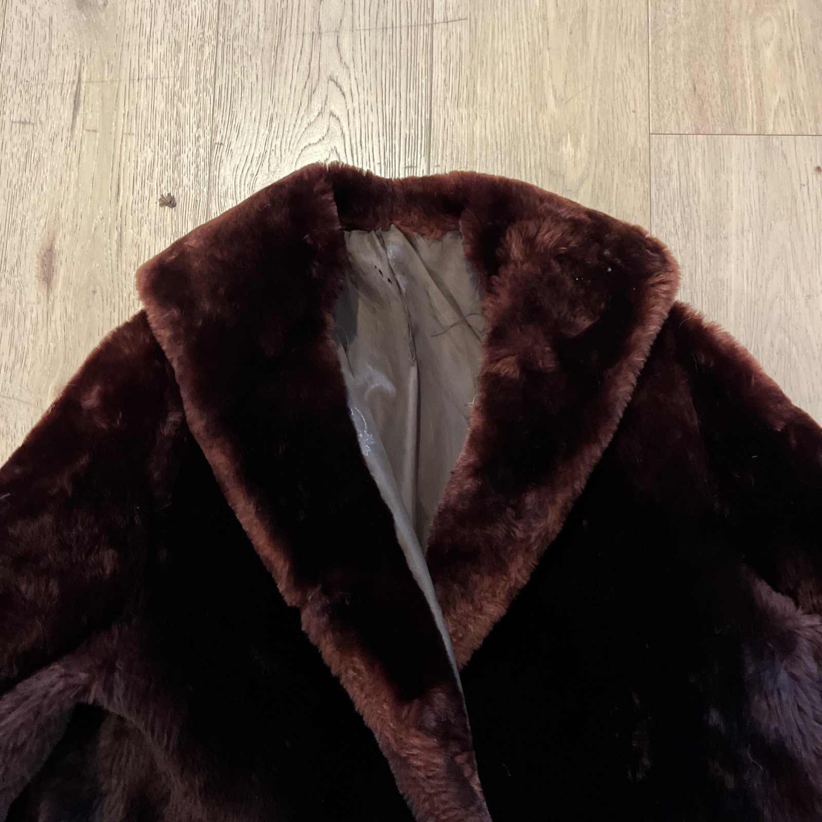 Vintage Brown Real Fur Jacket With Shawl Collar and Satin Lining. S/M