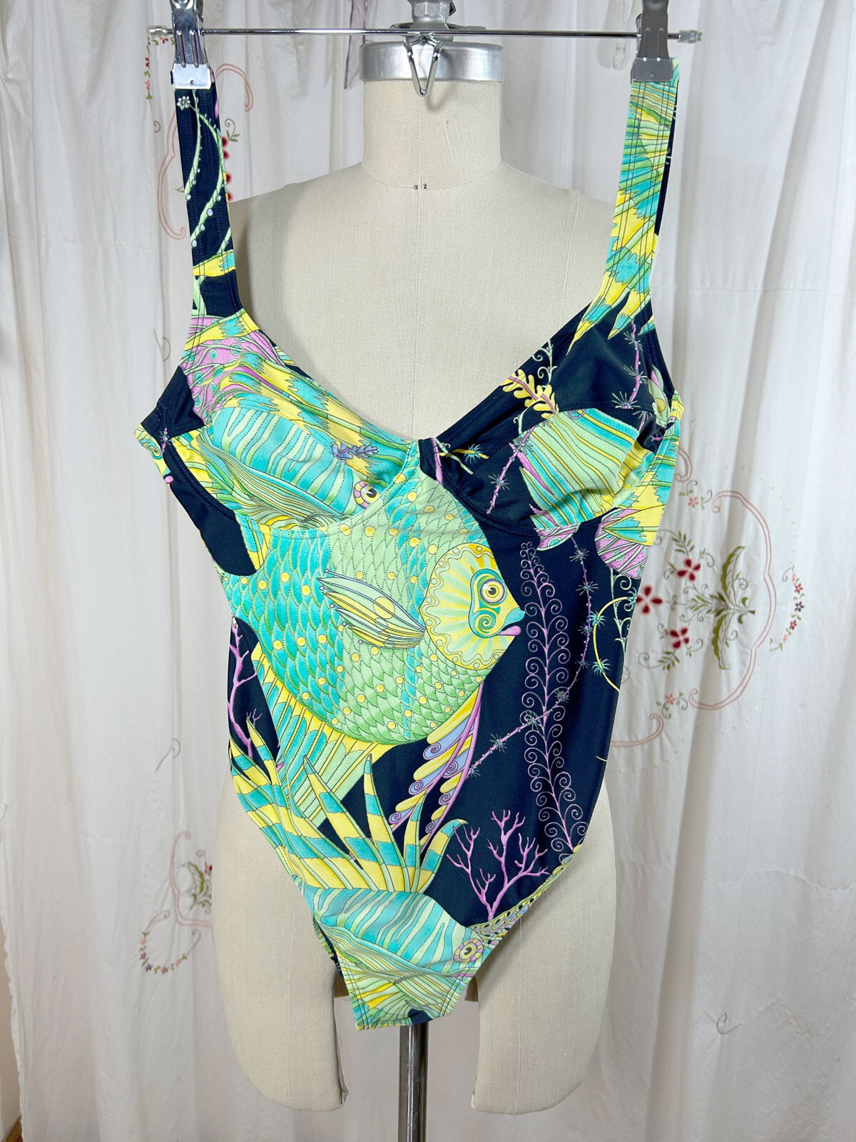 Vtg 80s? Salvatore Ferragamo Fish Print One Piece Swimsuit Underwire HiCut 48/10