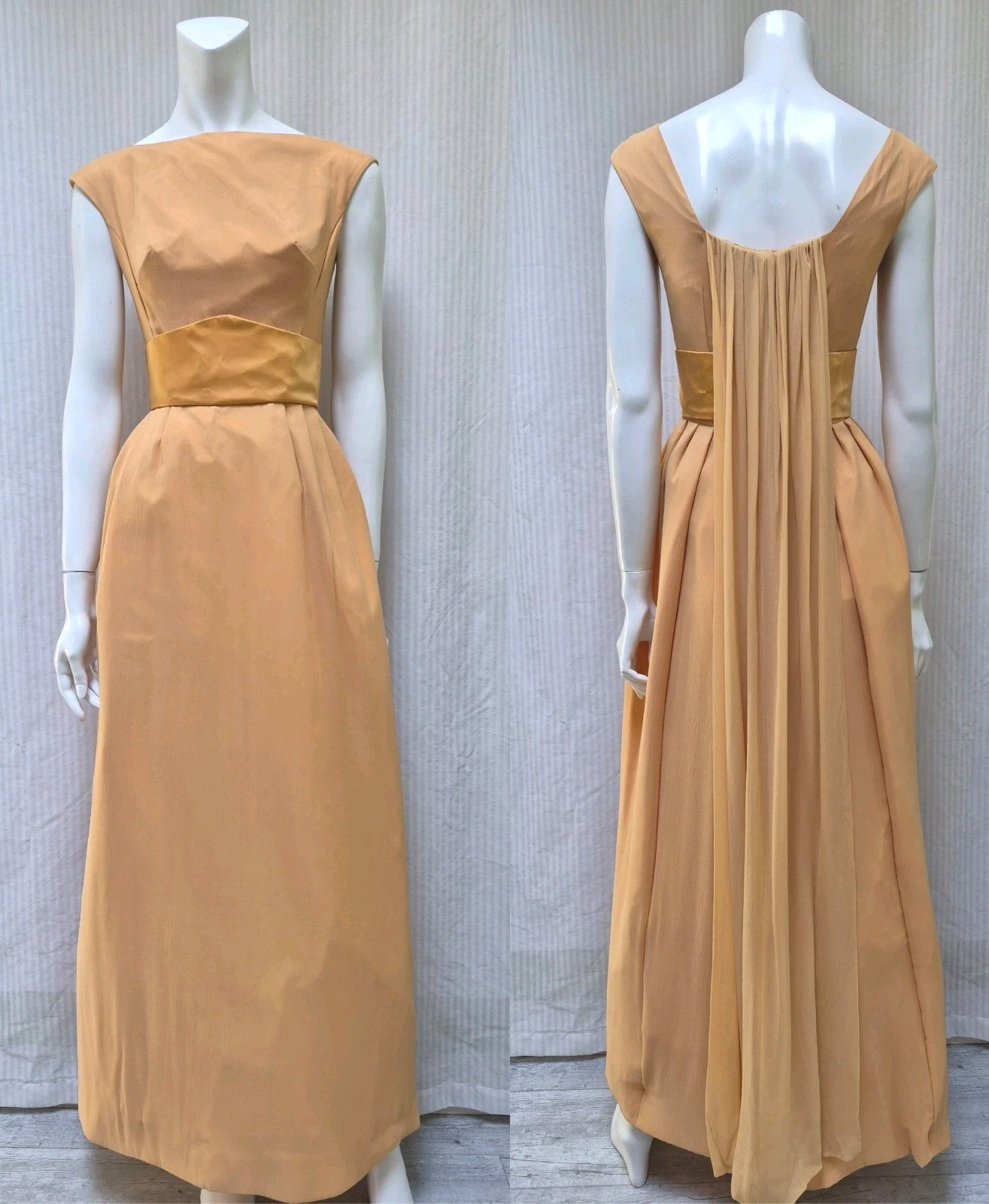 Vintage 1960s HOUSE OF BIANCHI Peach Crinkle Chiffon Maxi Dress – Size XS