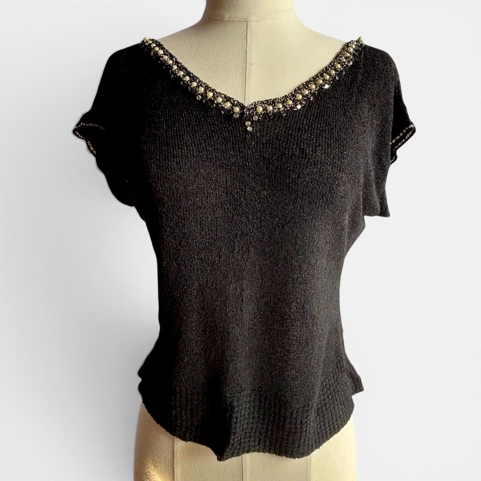 Vintage 1950s Stylebest Rockabilly Black Rayon Boucle Pullover Beaded V Neck Top
