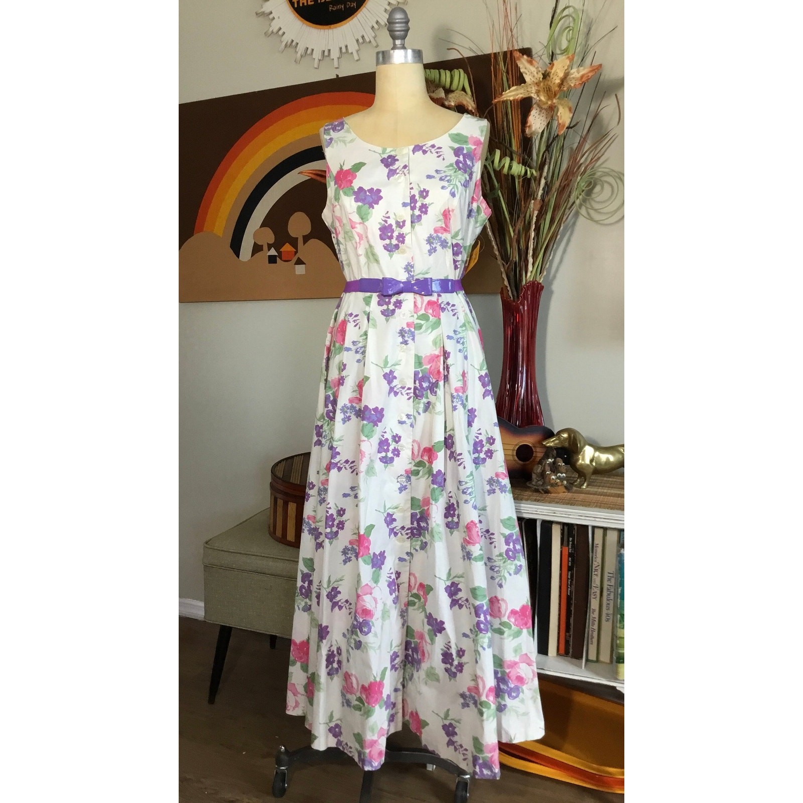 Vintage 1980s Chadwick&rsquo;s Maxi Dress Pink Floral Full Skirt Sleeveless