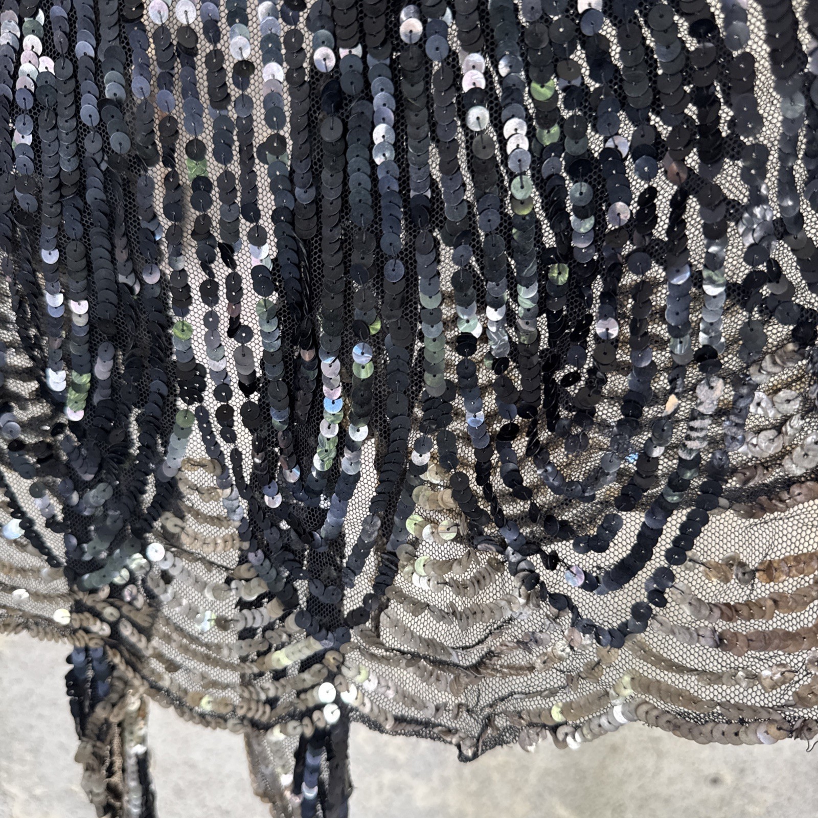 Vintage 1930s Black & Silver Sequin On Net Scalloped Cape Art Deco Dress Top