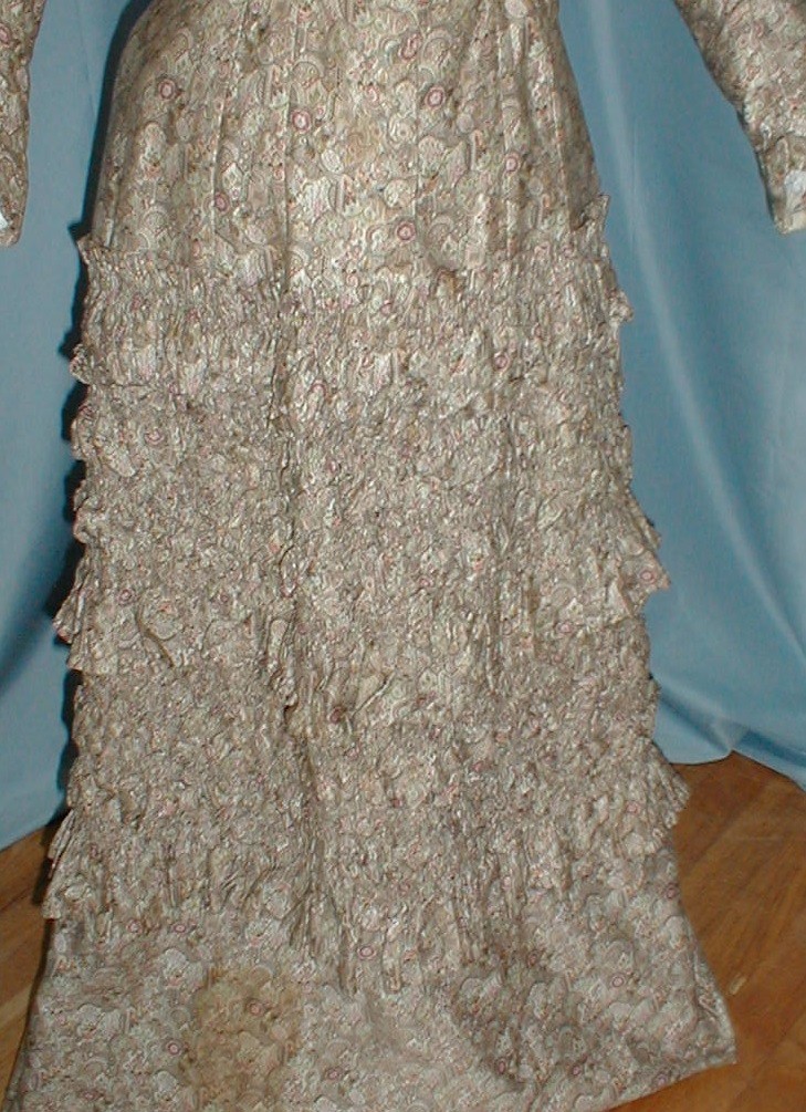 Charming Antique Bustle Dress Victorian 1880 Beige Printed Cotton