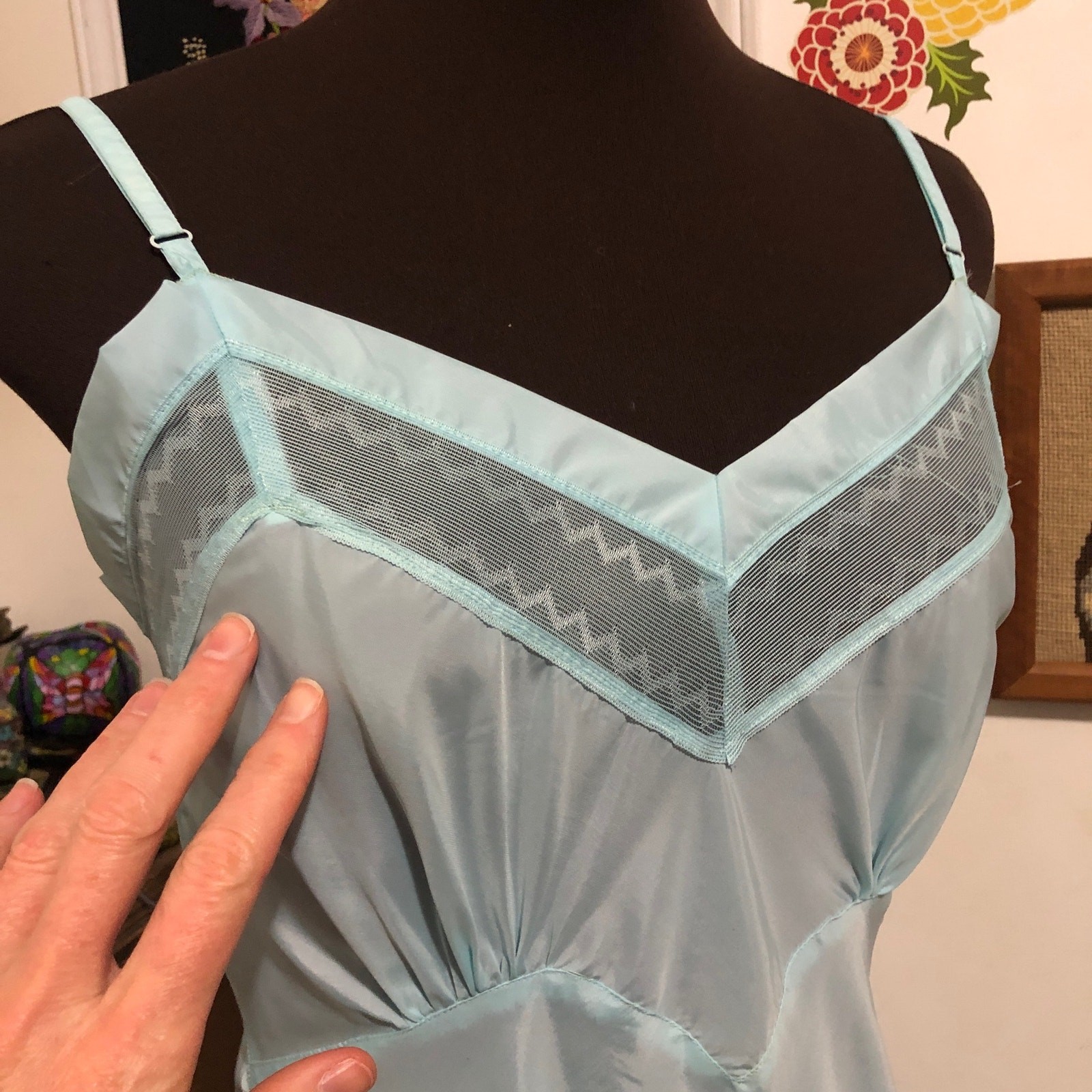 Vintage Aqua Taffeta Slip, 1940s Hand Dyed Swishy Nylon Slip Dress, Sz XS