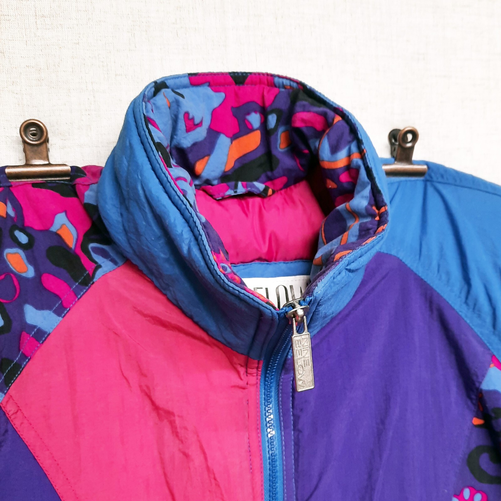 Vintage 1980s Nine Below Ski Jacket Down Coat Color Block Pink Purple Blue