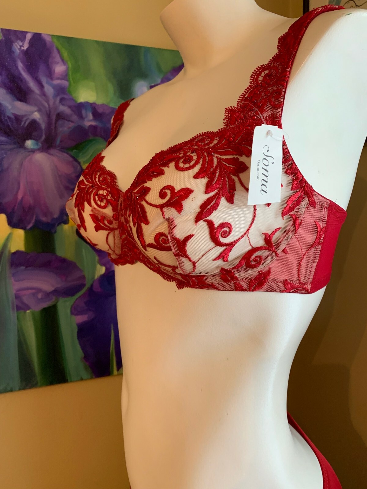 VINTAGE SOMA SPECIAL EDITION RUBY RED / TAN SENSUOUS LACE SHEER WIRELESS BRA 34C