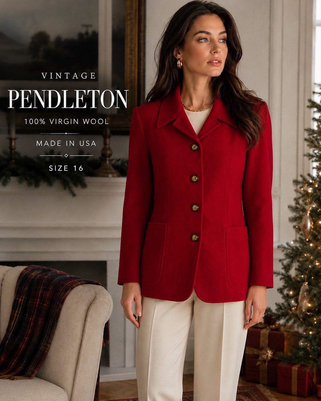 Pendleton 100% Virgin Wool Red Suit Jacket Blazer Size 16 Regular Classic Style