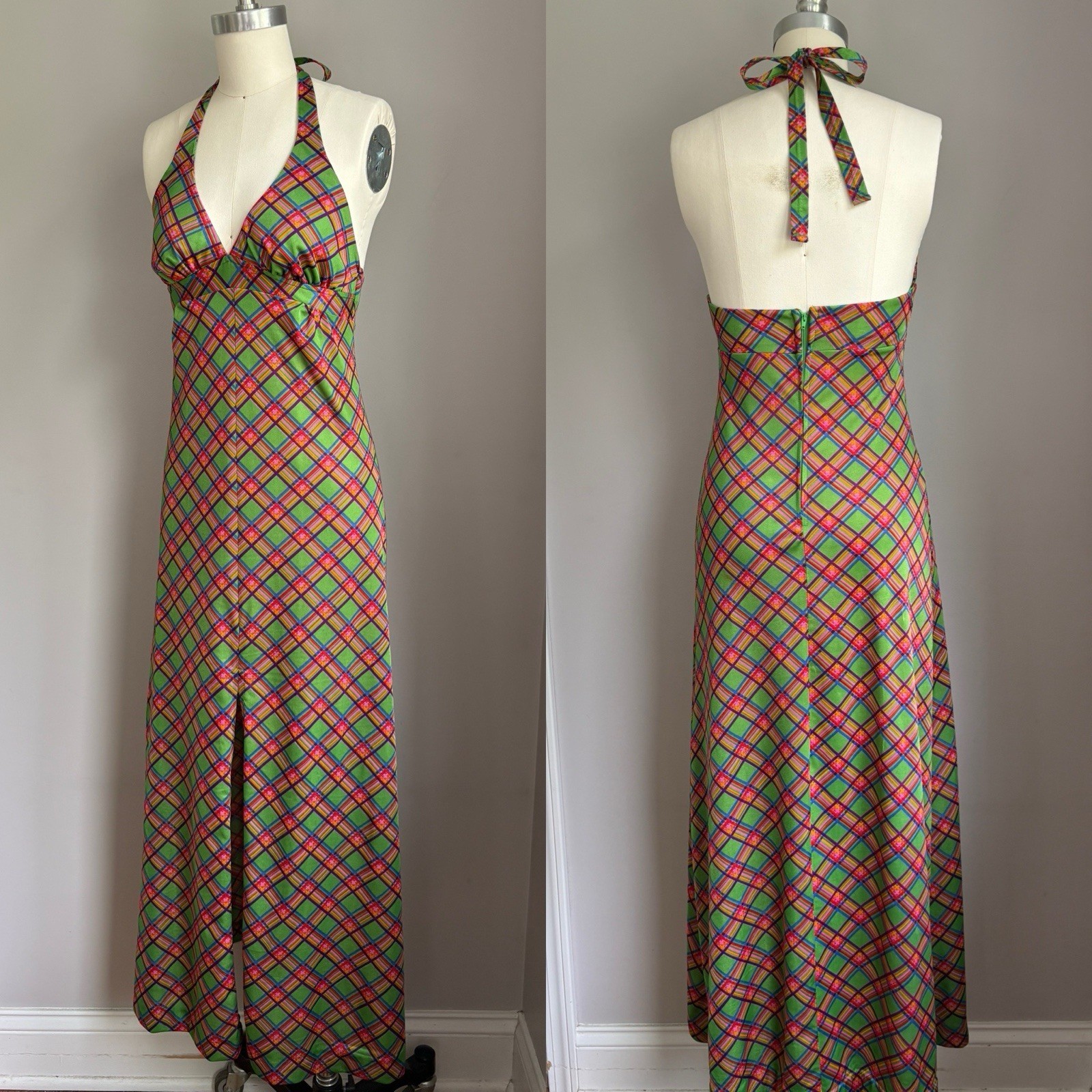 Vintage 1970’s Mod Halter style Argyle Plaid Print Maxi Dress Size XS
