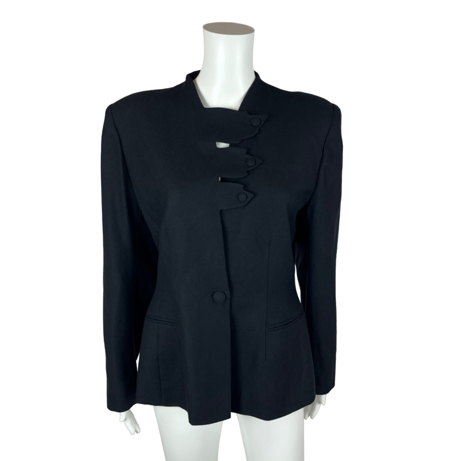 Vintage 80s Blazer Women&rsquo;s Large Black Wool Suit Jacket Leaf Closures Emmanuelle