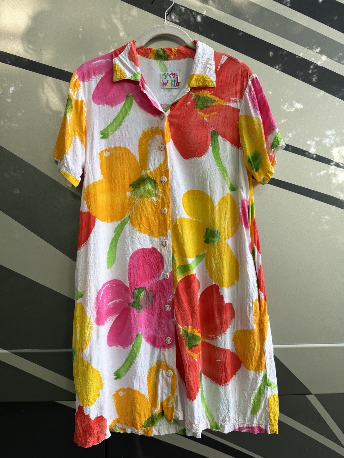 Vintage 90s JAMS WORLD pop art floral Hawaiian white colorful SUMMER dress S