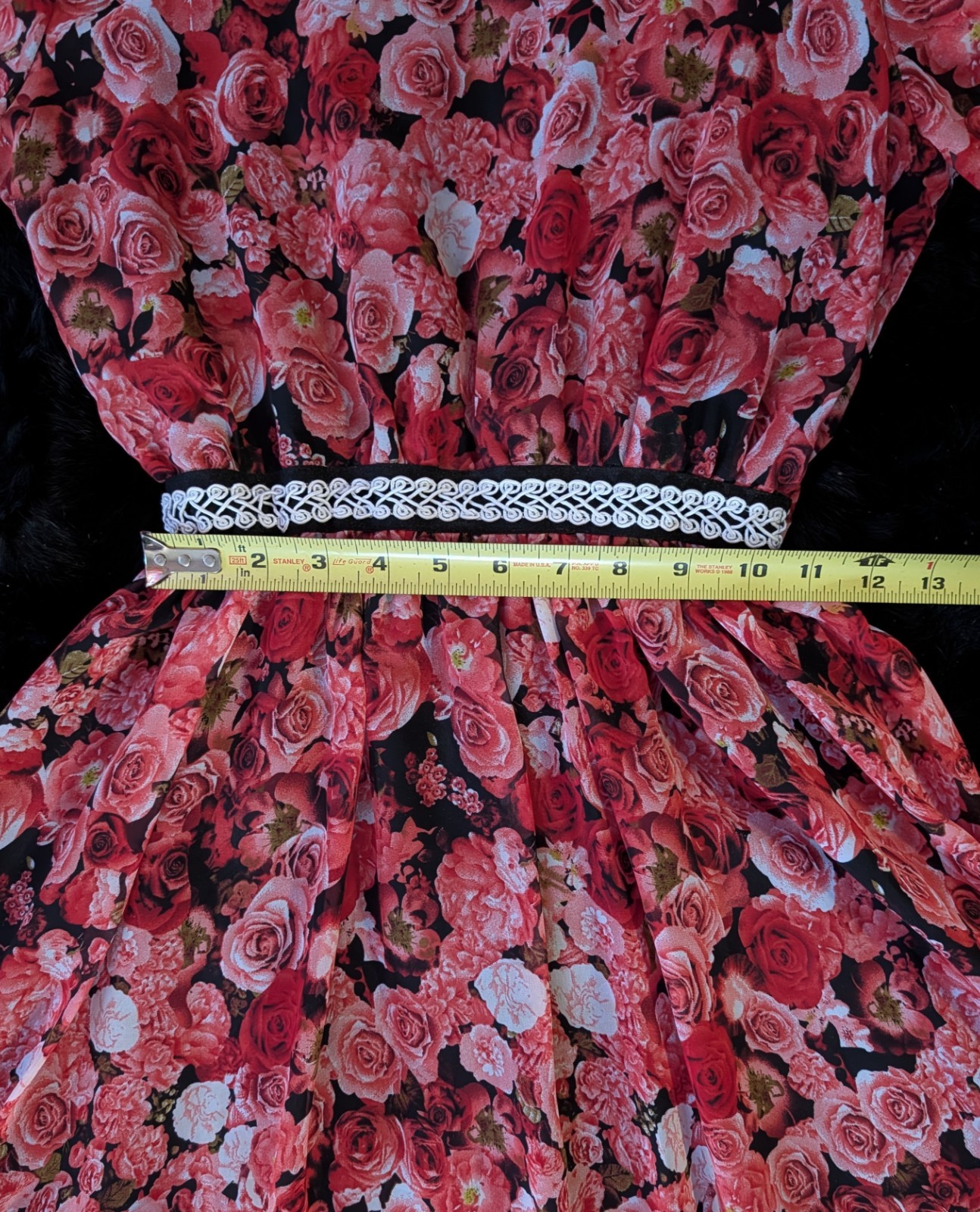 Romantic Red Rose Floral Chiffon Lined Midi Dress Empire Waist Scoop Neck
