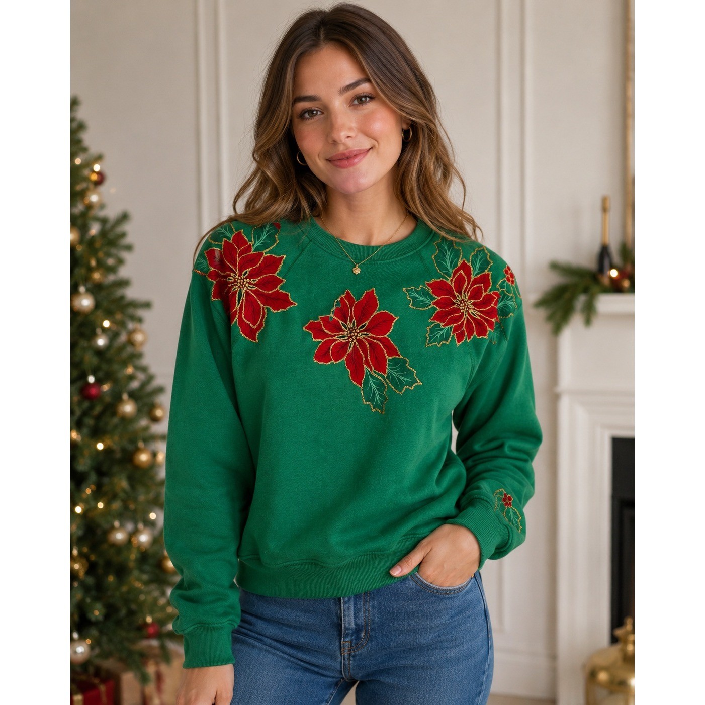 Vintage Sweats Appeal Green Poinsettia Christmas Sweatshirt 90s Puff Paint Med