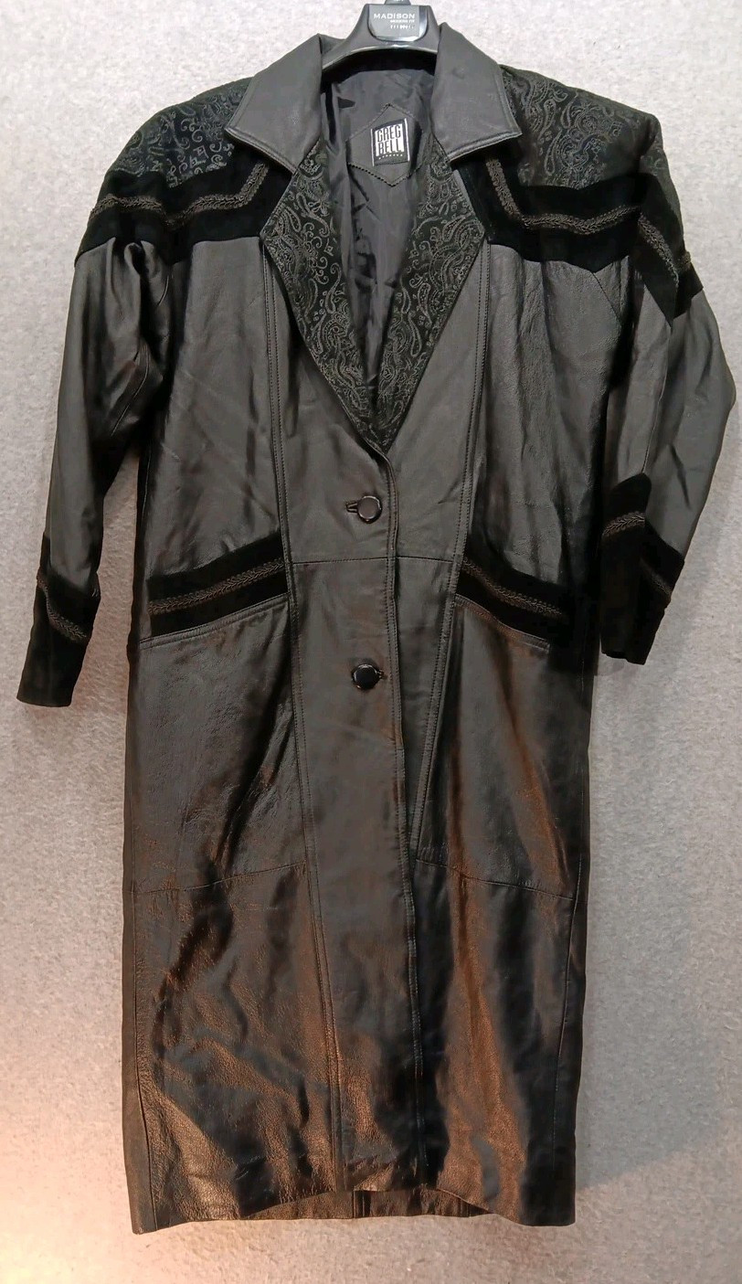 VTG Greg Bell Women&rsquo;s Leather Trench Coat Size M (44C / 46L) Black Paisley Suede