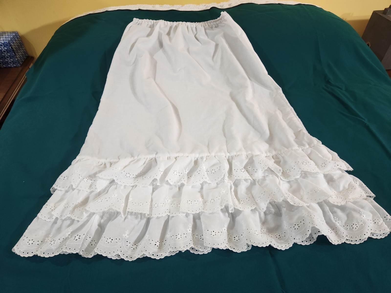Vintage Handmade Cotton Slip 3 Tiered Eyelet Ruffle 28-38 W-34&Prime; Long Cottagecore