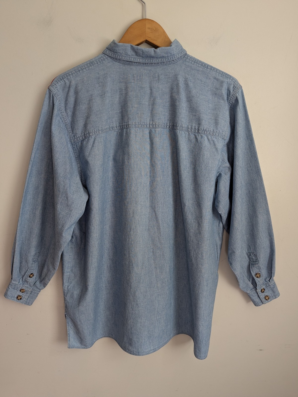 90s Womens Blue Chambray Shirt Aztec Tribal Boho 16P Western Cowgirl Button Up