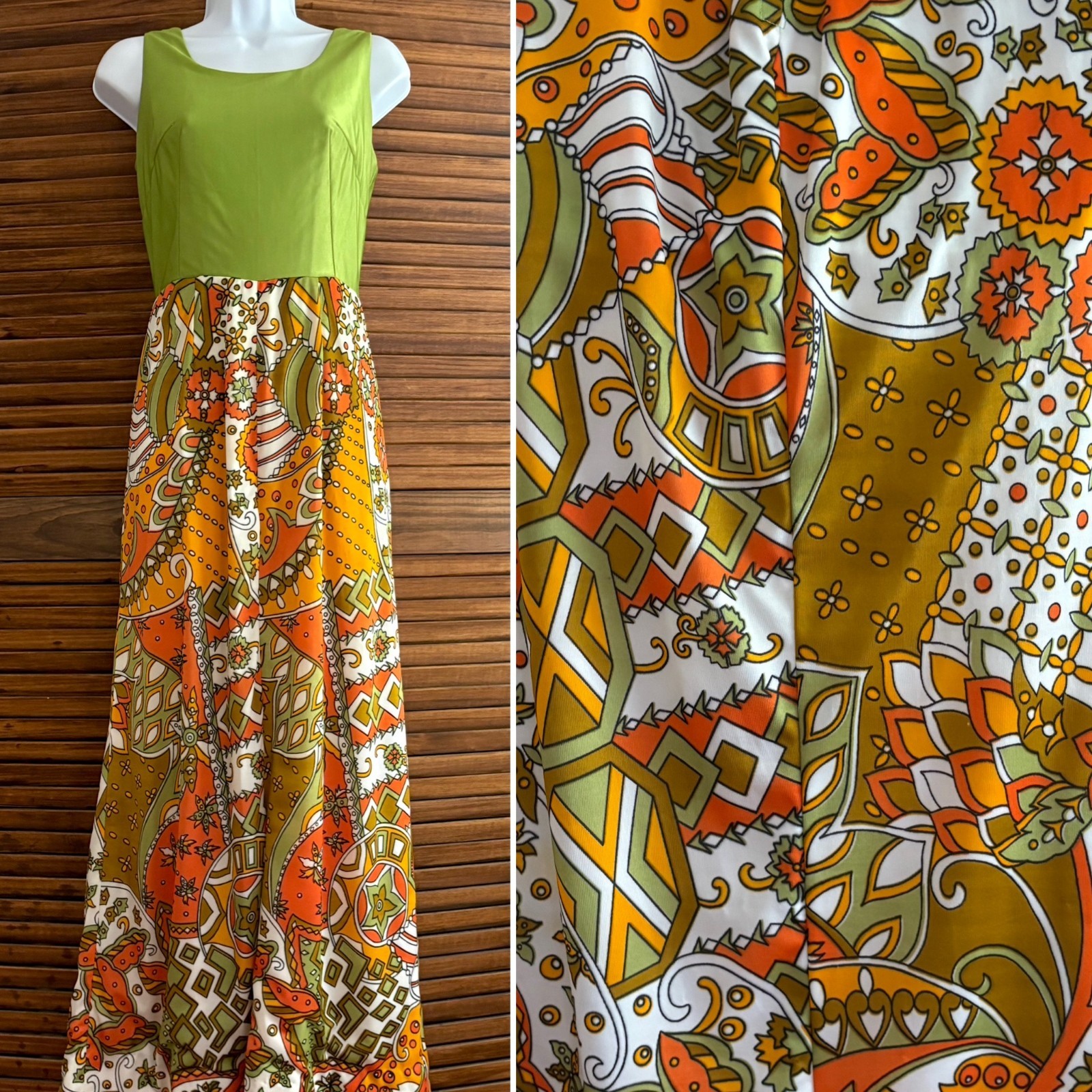 Vintage MOD Print Maxi Dress Size Small, 1970&rsquo;s Retro Hippie Psychedelic Dress