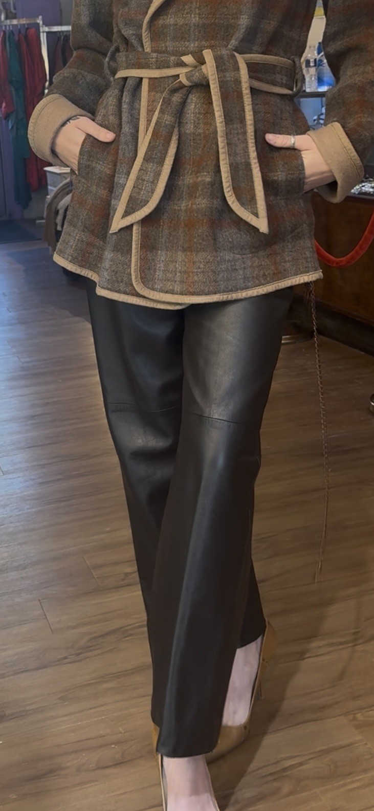 Vntg 1970s YSL Rive Gauche Brown Lambskin Leather Pants, Sz 26 Waist