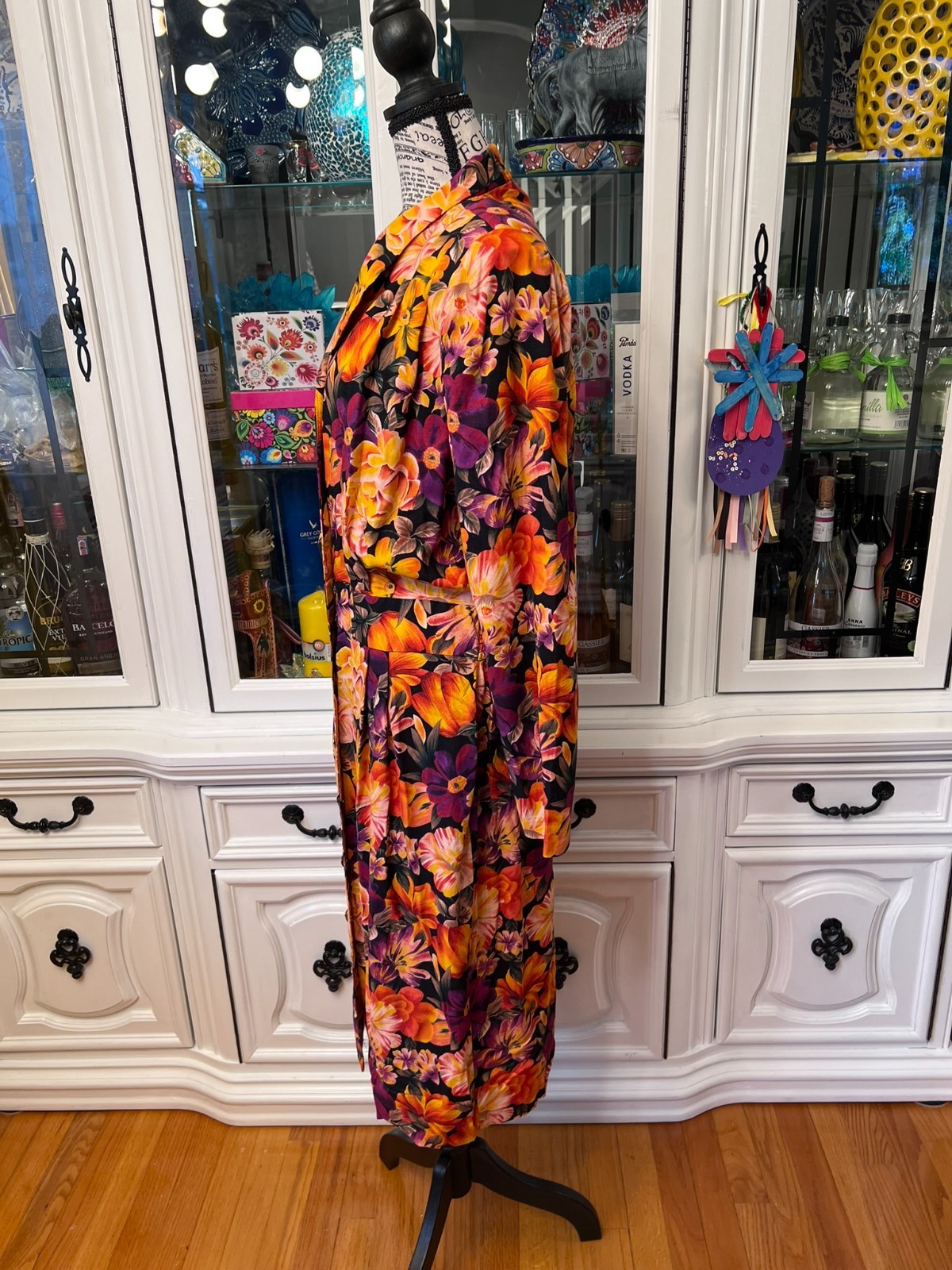 Vintage Special Effects Orange Floral Long Sleeve Dress Size 10, fits M or 6-8