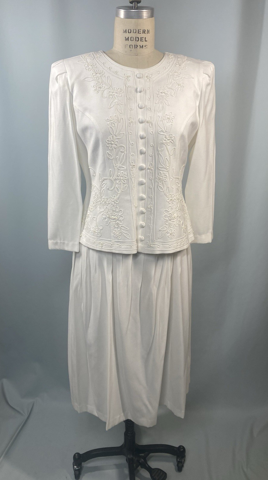 Vintage Dress SIZE 10P MEDIUM ivory white KARIN STEVENS classic MOB 80s 90s