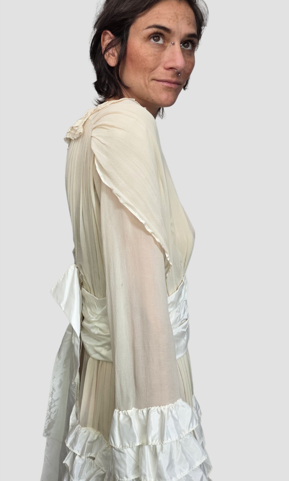 1920s Ivory Silk Chiffon & Taffeta Flapper Dress | Tiered Ruffle Art Deco…