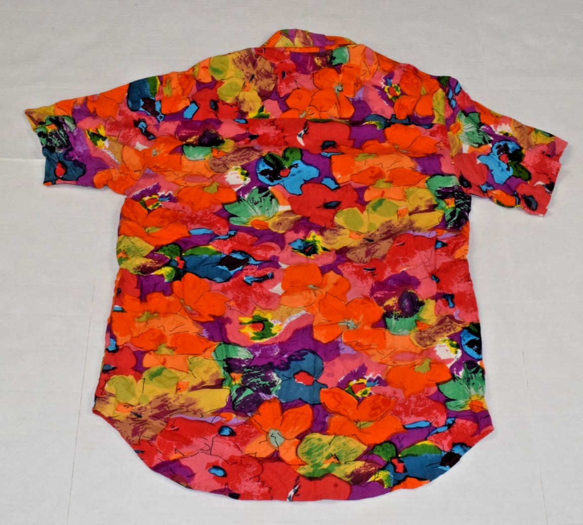 VTG Sasson Shirt Size S 80s Vibrant Floral Orange Red Rayon Beaded Made Nepal