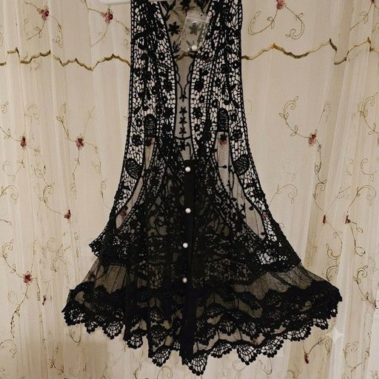 Vintage Venus Duster Gilet Vest Black Crocheted Lace L XL OS NWOT