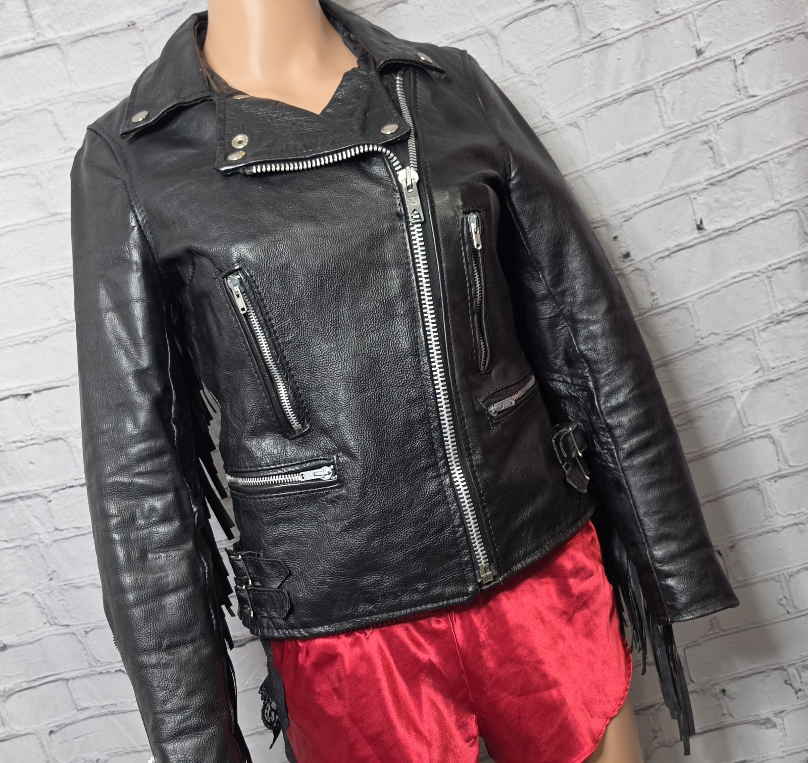 Vintage Made England Leather Fringe Biker Moto Jacket Womens XS Punk
