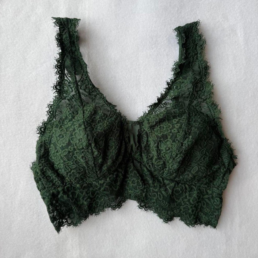 Aerie Eyelash Lace Bralette Dark Green Wireless Floral Lace Bra Medium