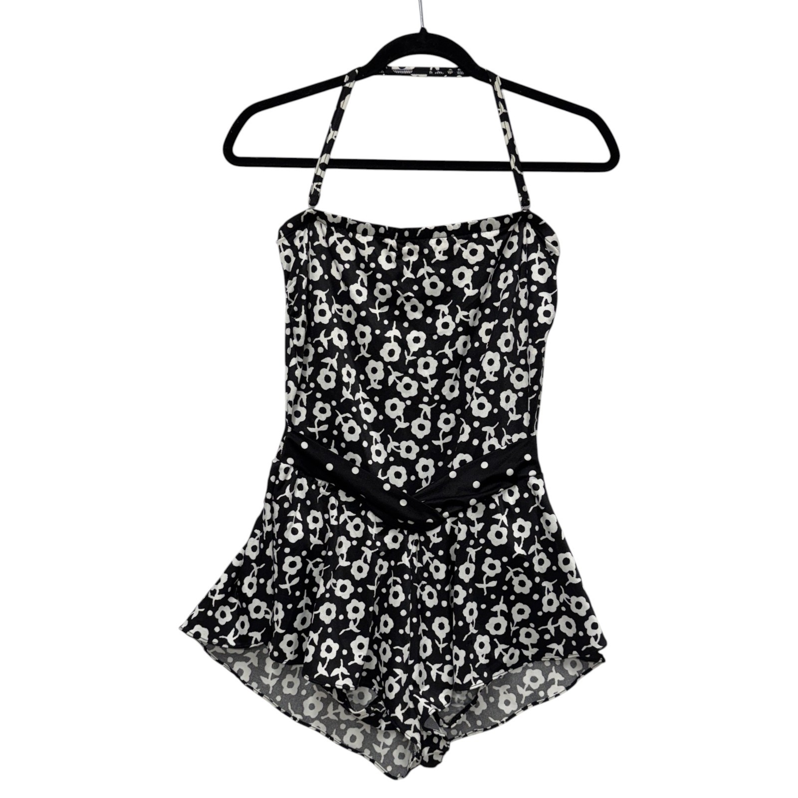 Vintage Gabar One-Piece Swimsuit, Size 14, Black & White Floral Made in USA