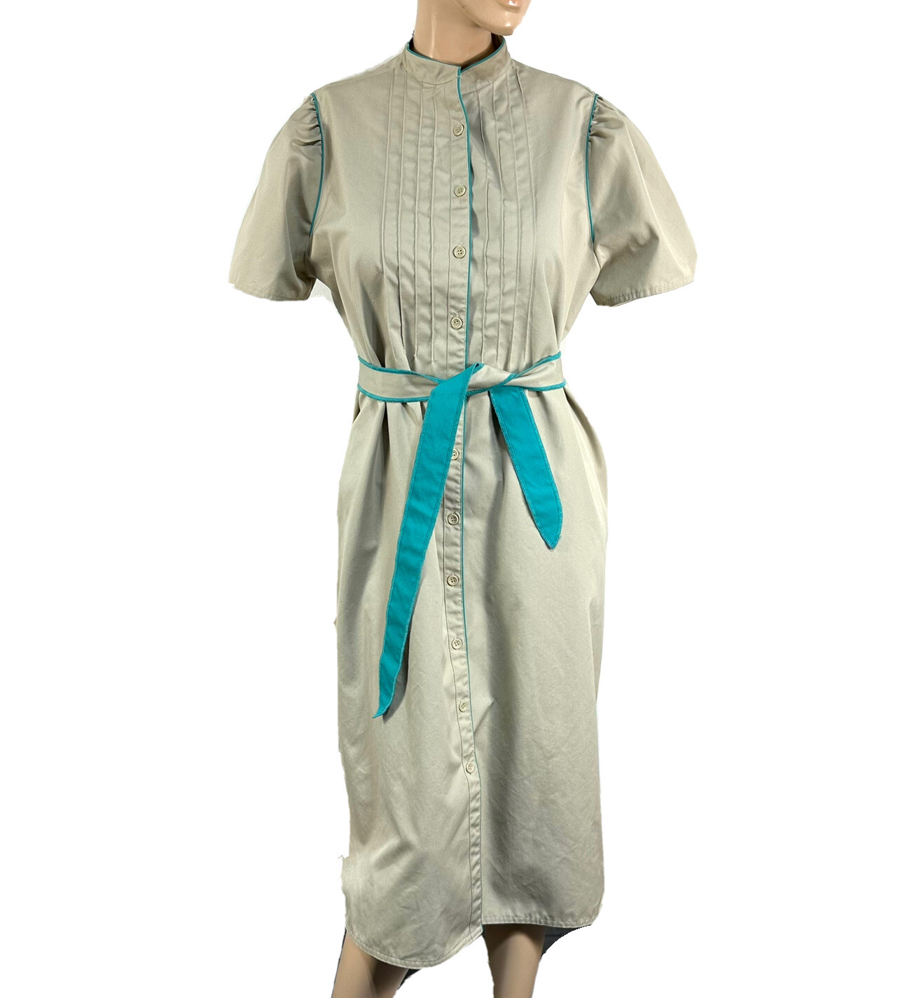 Vintage Adaptations Work Dress Uniform Beige Teal Button Front Tie Belt Size 18