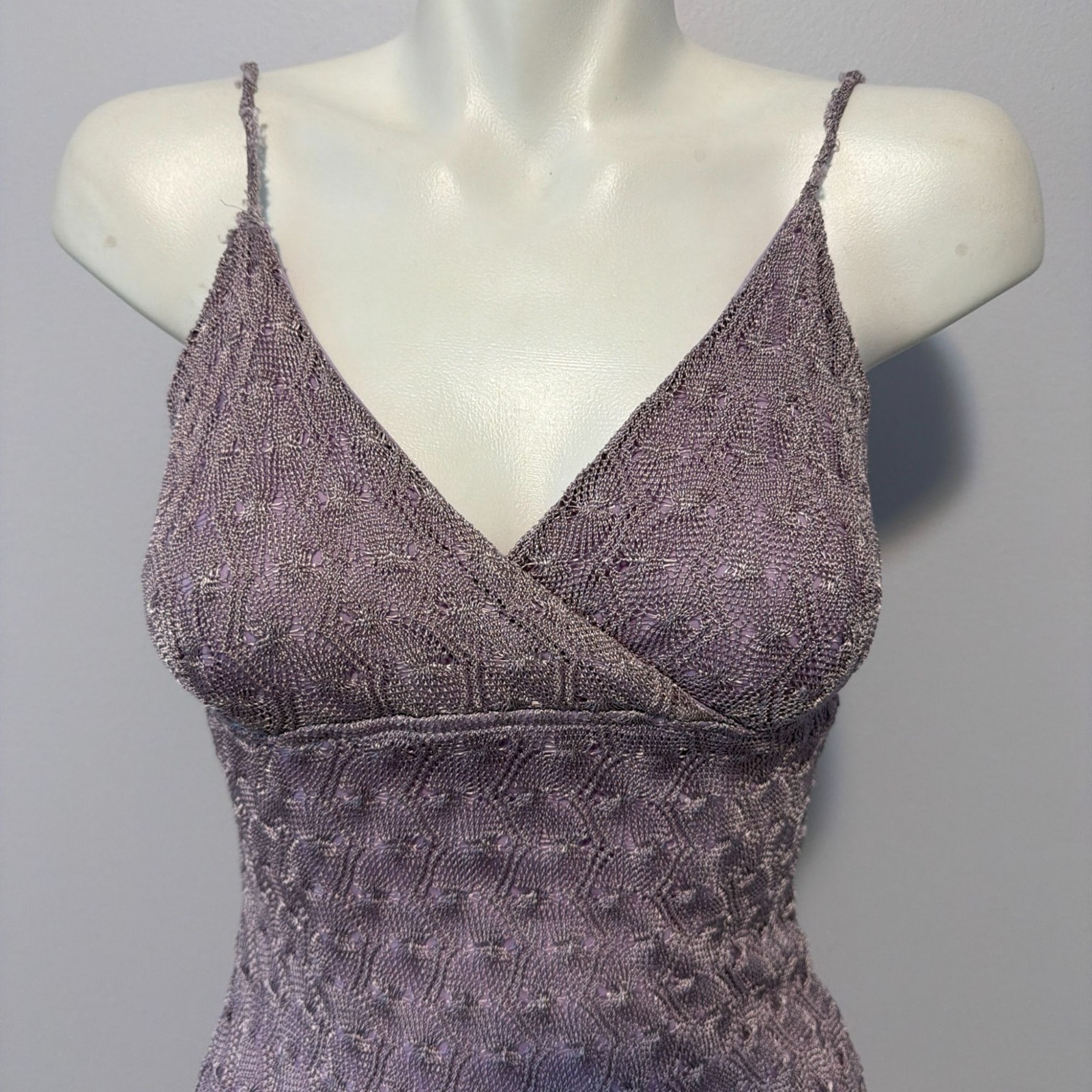 Vintage 90s Y2K Lavender Metallic Pointelle Knit Bodycon Mini Dress Fairycore M