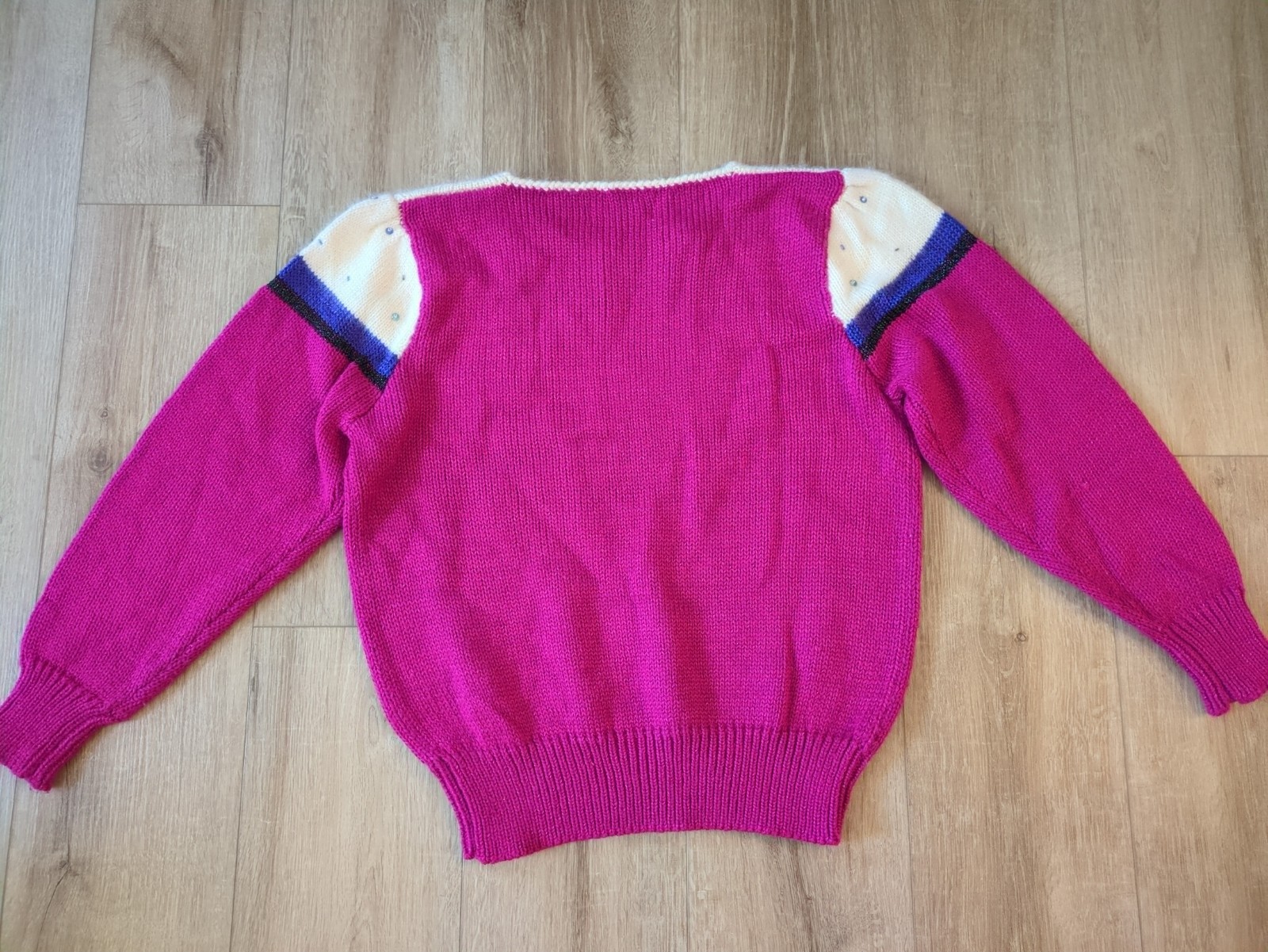 Vintage Bold Geometric Angora Wool Blend Top Fuschia Embellished 80s Mom Sweater