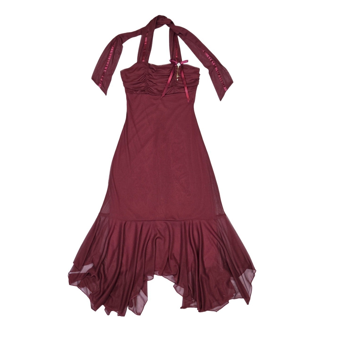 VTG y2k Burgundy Mesh Halter Midi Dress Ruffle Hem SM Fairy Whimsygoth Alt Hoco