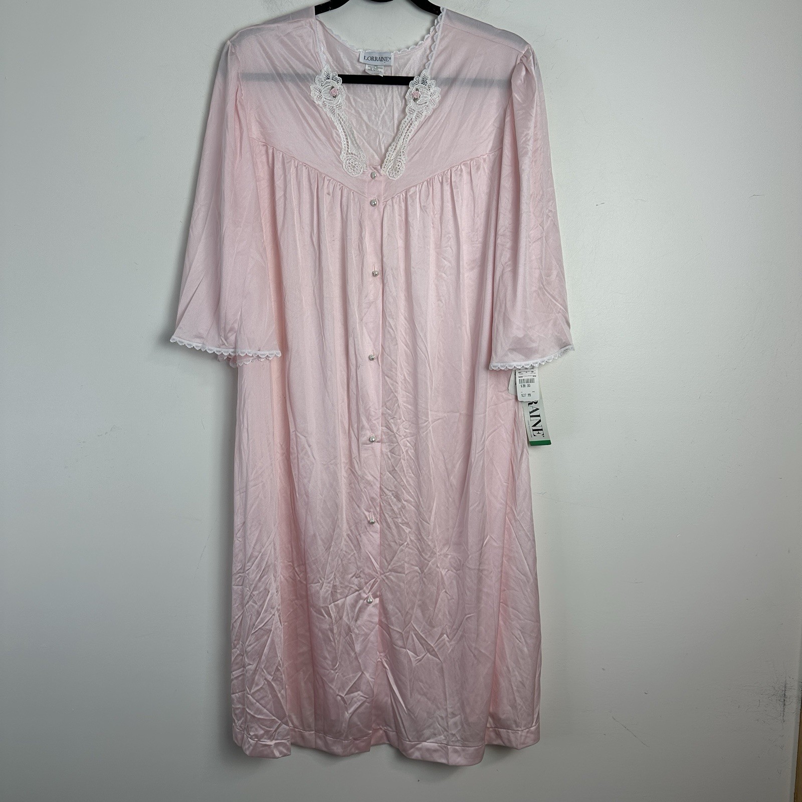 Vintage Lorraine Embroidered Lace Light Pink Nightgown Duster Robe Size L NWT