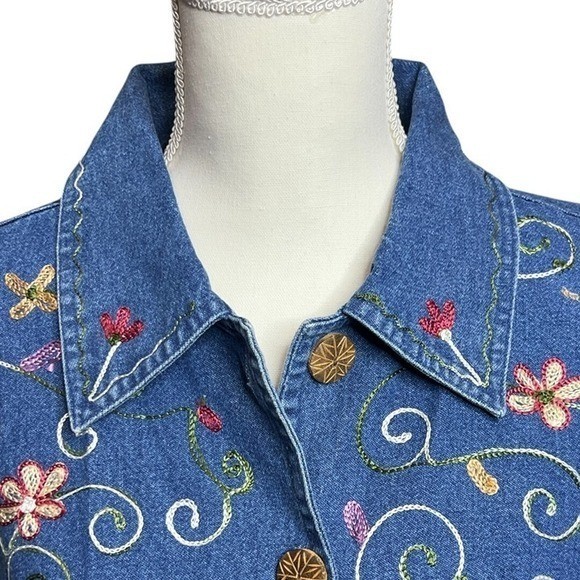 Units Women&rsquo;s Lightweight Denim Jacket VTG 1980&rsquo;s Embroidered Flowers Vines XL