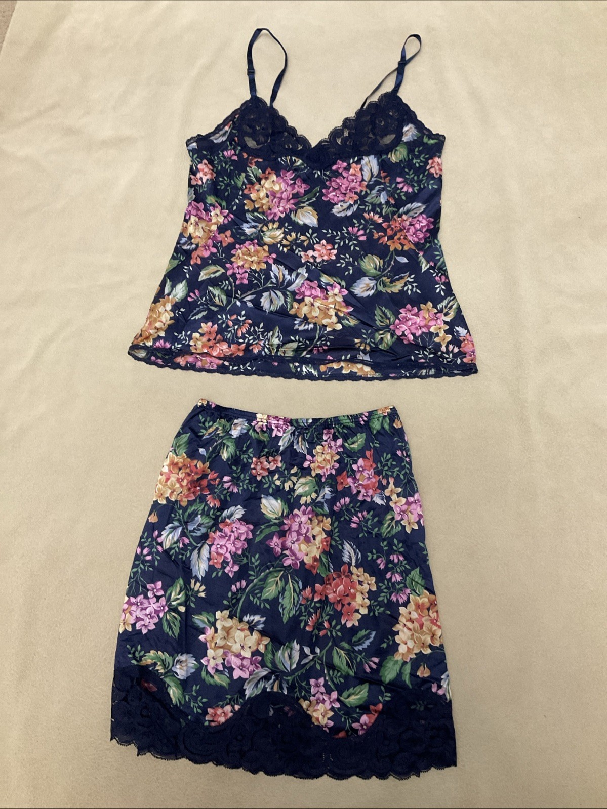 VTG Vanity Fair Camisole Slip Set Small Womens Blue Floral Satin
