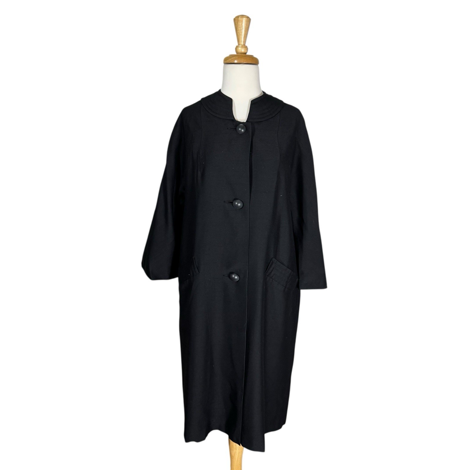 1950’s Black Faille Cocoon Coat Elegant Split Mandarin Collar Dolman Sleeve