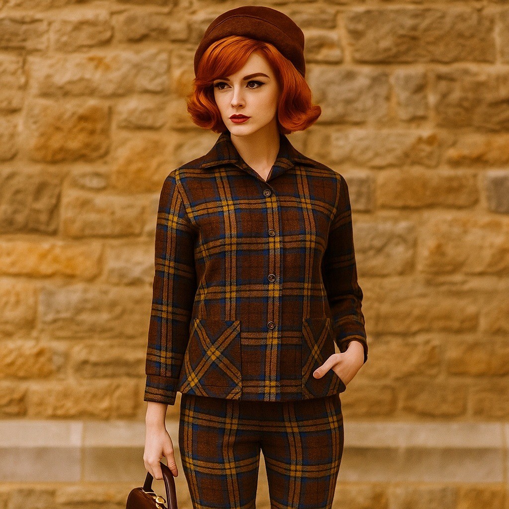 Vintage 60s Kajimatu Japan Wool Plaid Pantsuit Brown Blue Yellow Tartan Mod Set