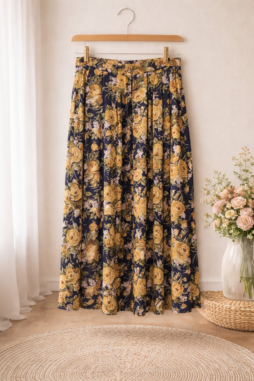 Vintage Susan Bristol Pleated Yellow Floral Button/ Zip Skirt-100% Rayon-Sz 12