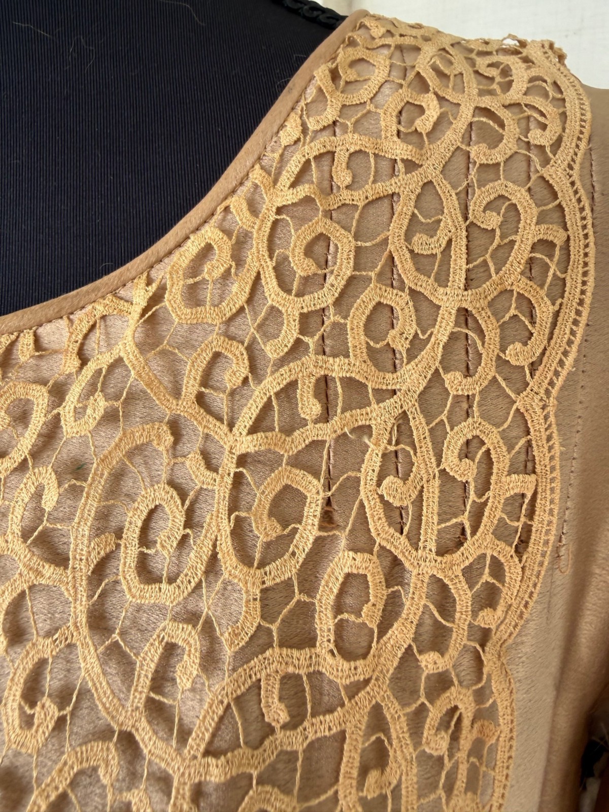 Antique 1920s Tan Silk Flapper Dress With Lace Yoke AS IS TLC Size M