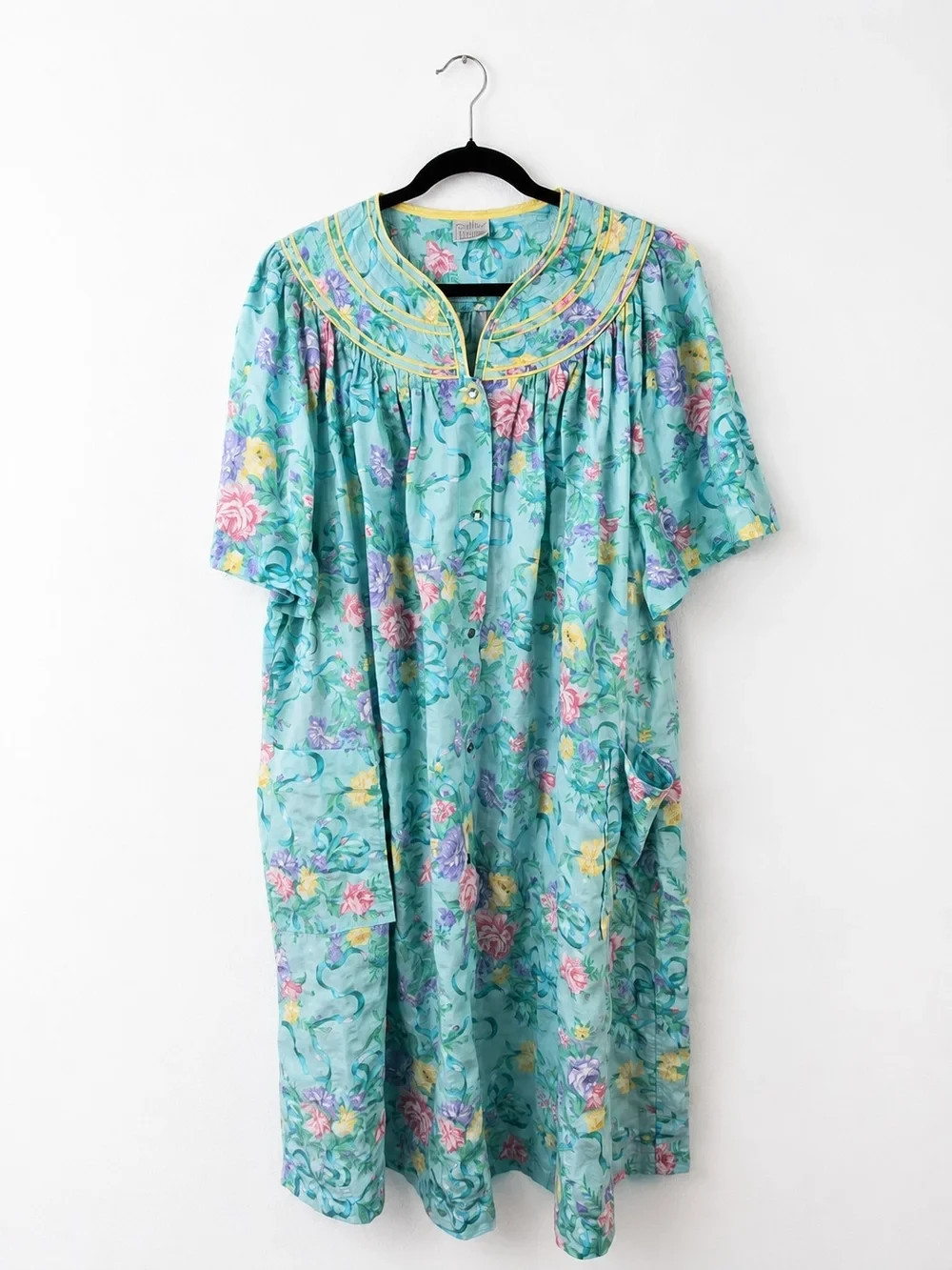 Vintage Coffee Time Floral House Dress Muumuu Cottagecore Button Front Pastel XL