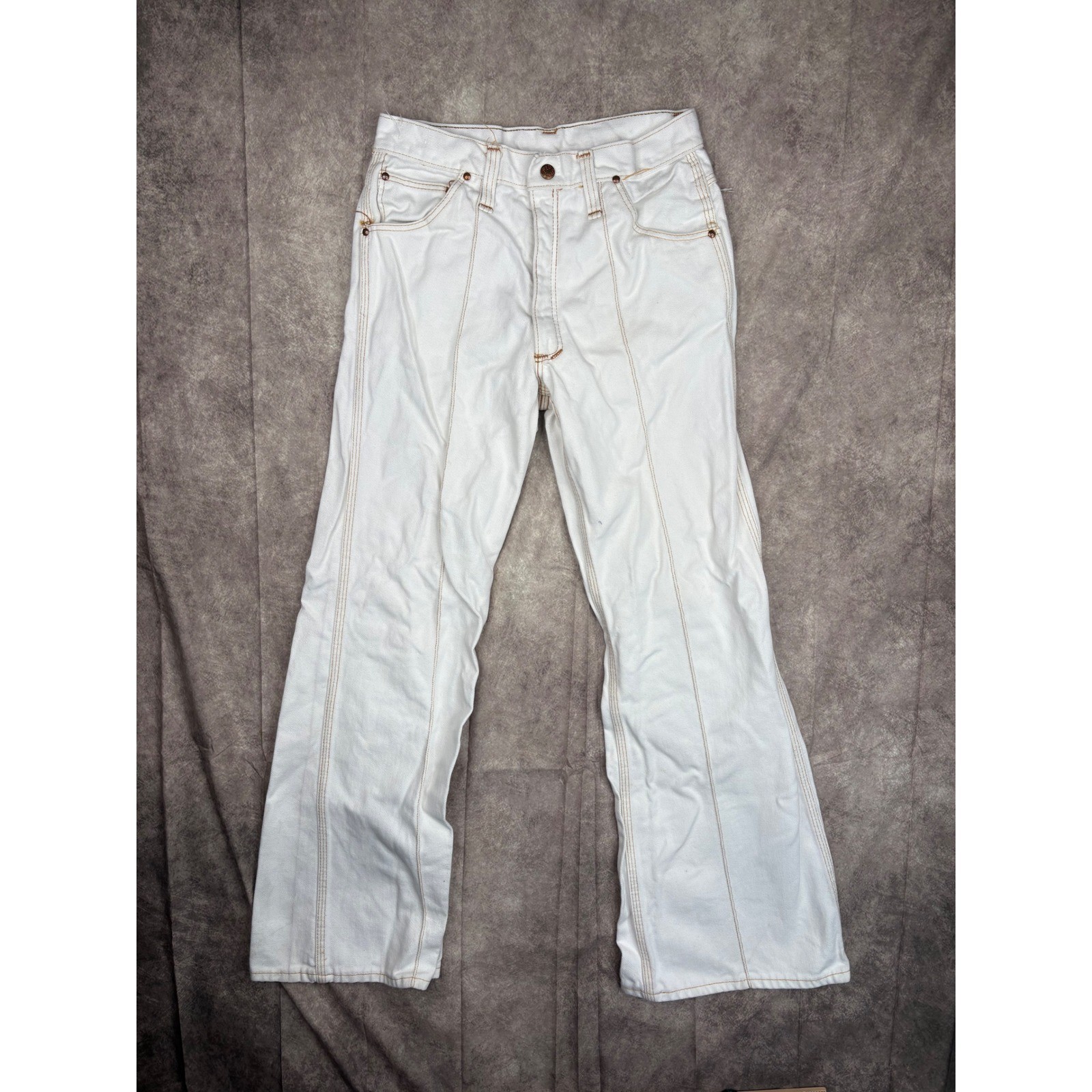 Red Snap White Denim Flared Jeans Contrast Stitch Workwear Size 26×29 Y2K 90s