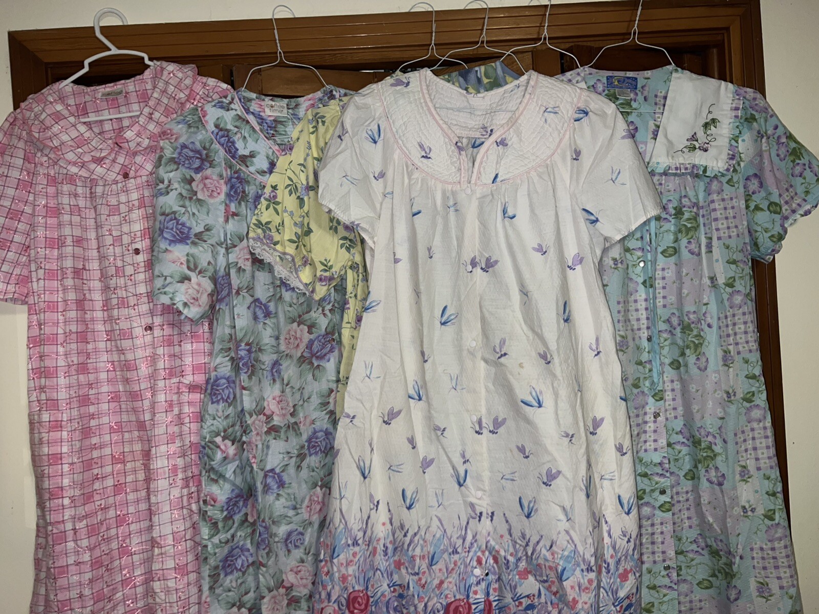 6/Coffee Time Designer Floral Ruffle Trim Muumuu House Dresses Vintage Fits M/L