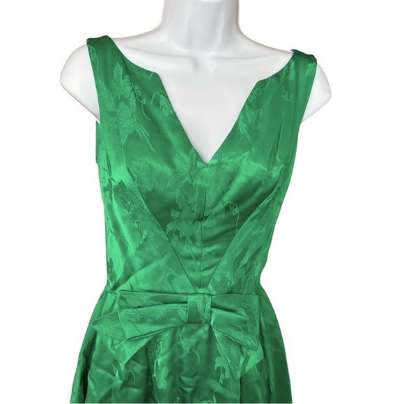 Vtg 50’sUnion Made Mardi Gras emerald green brocade cocktail dress bow detail XS