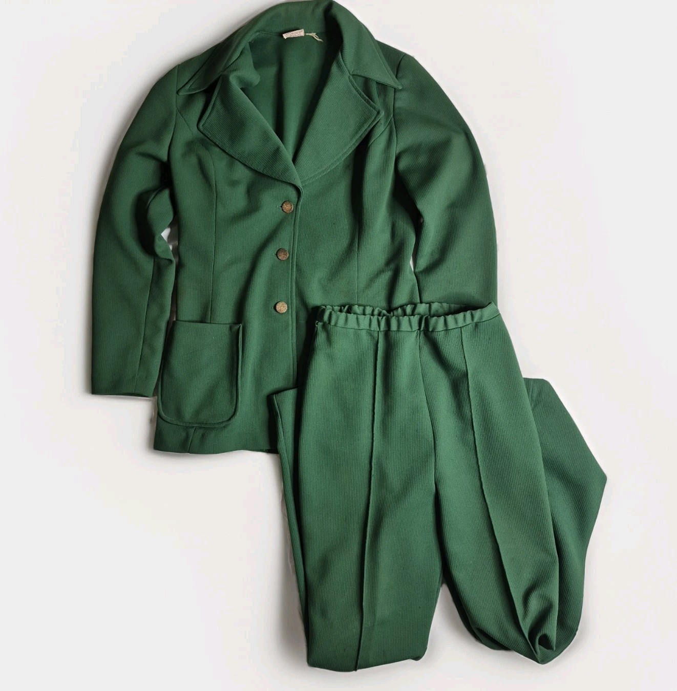 VTG Graff 70s Womens Leisure Suit Textured Stripe Green Disco Retro 2 Piece