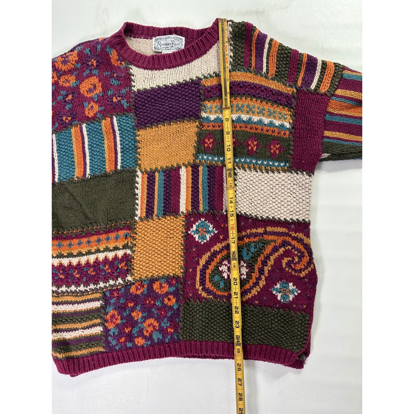 Reference Point Vintage 90s Patchwork Knit Sweater Sz Medium Ramie Cotton Mix