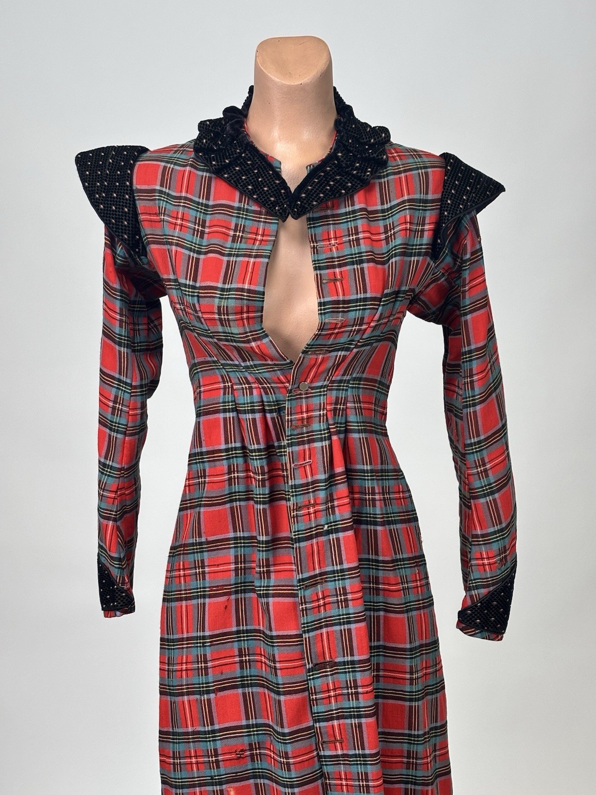 Antique Victorian Walking Coat Plaid Red Green Black Yellow Burnout Velvet AS IS