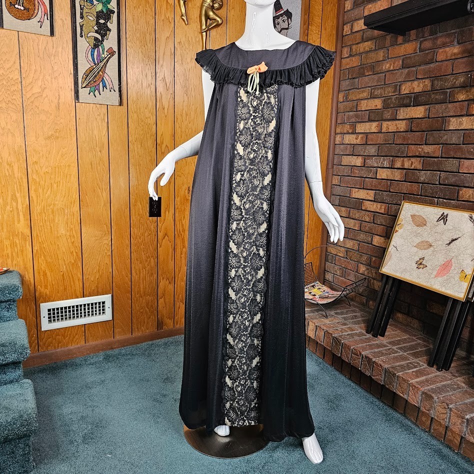 Vtg 60s Gothic Illusion Lace Romantic Peignoir Nightgown Robe Hostess Gown OS