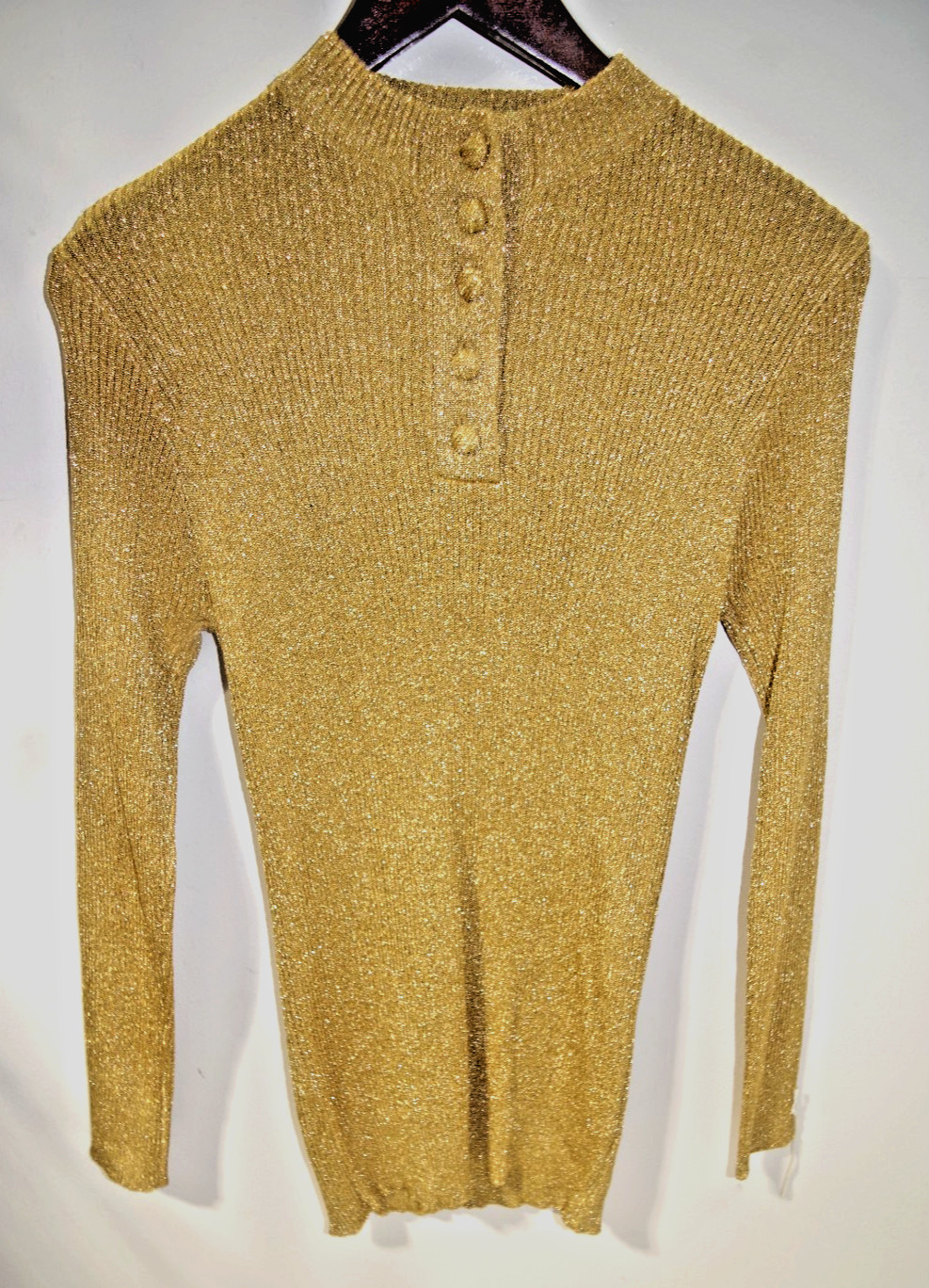 Q9 NWOT Alexander&rsquo;s Vintage 70s Gold Metallic Knit Pullover Poor Boy Rib Sweater